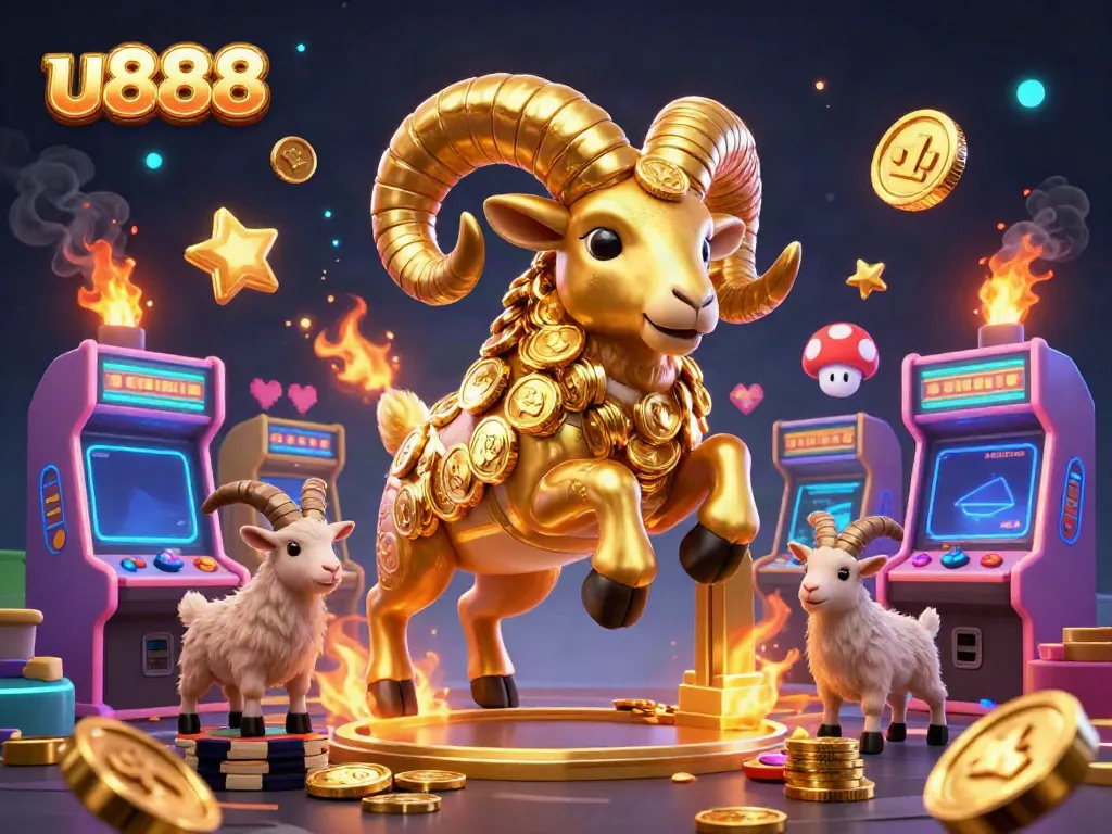 Play thrilling games and unlock rewards with u888, featuring a charging golden ram amidst dynamic casino elements.