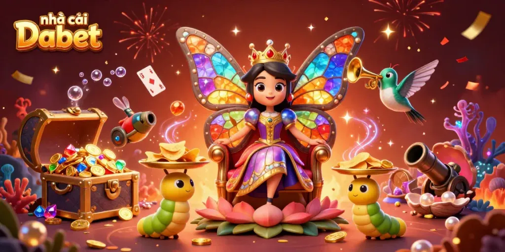 Experience the excitement of nhà cái Dabet with a vibrant illustration showcasing casino elements and a whimsical butterfly queen surrounded by treasures.