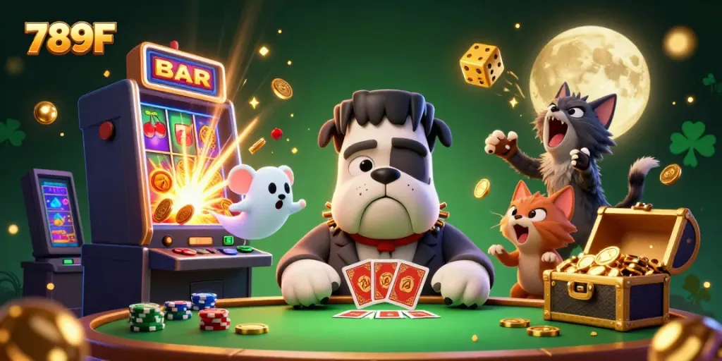 Join the thrilling experience of 789F as a bulldog monster deals cards amidst vibrant casino action.