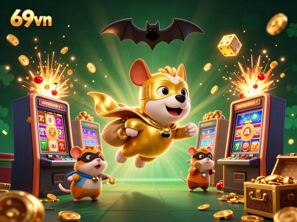 Experience exciting gameplay with 69vn's superhero dog, attracting gold coins in a vibrant casino world.