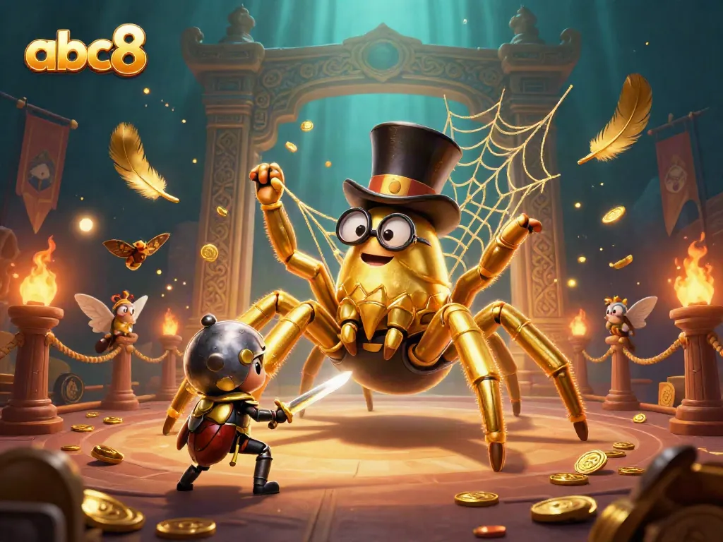 Watch the abc8 tarantula and beetle knight in a thrilling casino showdown amidst a vibrant backdrop.