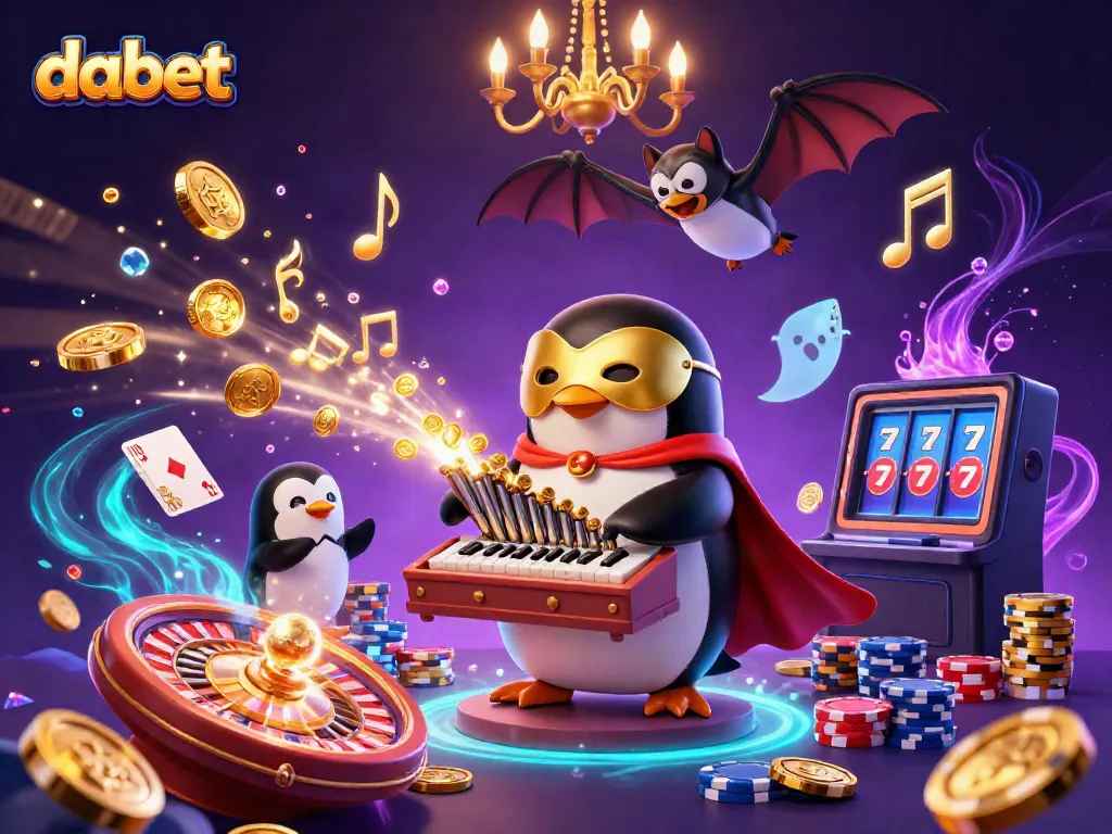 Experience thrilling gaming action with dabet as a regal phantom penguin plays a golden pipe organ amidst flying coins.