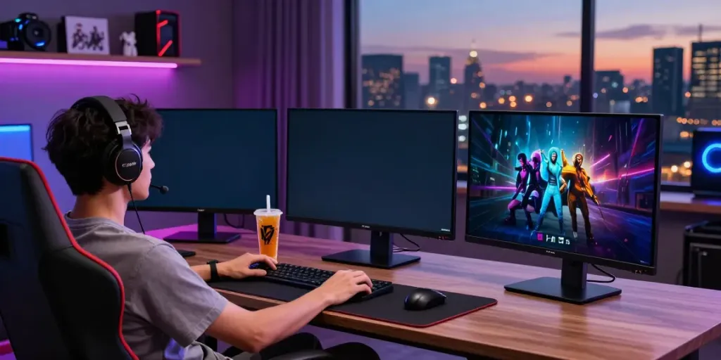 Enjoying the h19 trang chủ gaming experience with vibrant screens and modern setup.