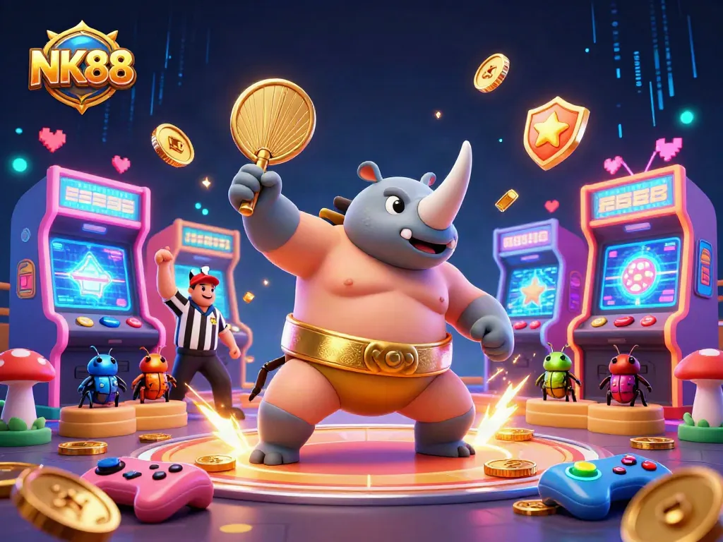 Experience thrilling gameplay with NK88 as the beetle champion wins coins in a vibrant casino scene.