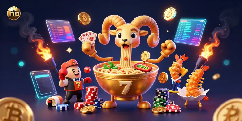 Nohu crypto casino scene with a golden ramen bowl character dealing cards and chips amid vibrant gambling elements.