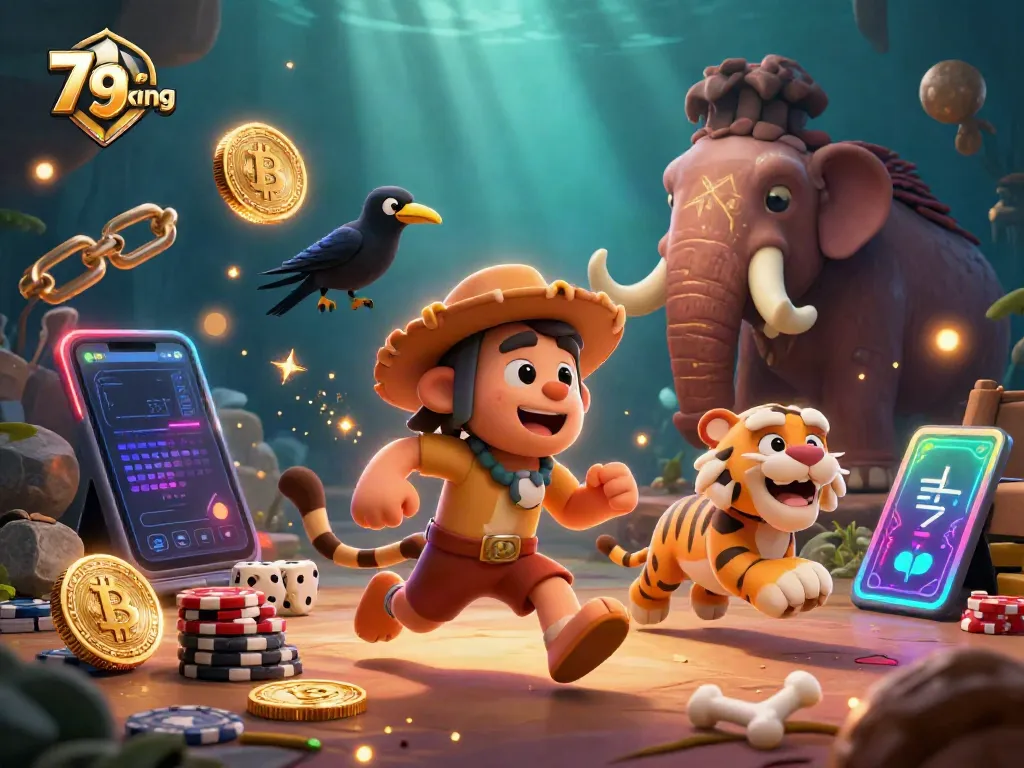 79king casino scene with cavemen and cryptocurrency elements alongside a prehistoric setting.