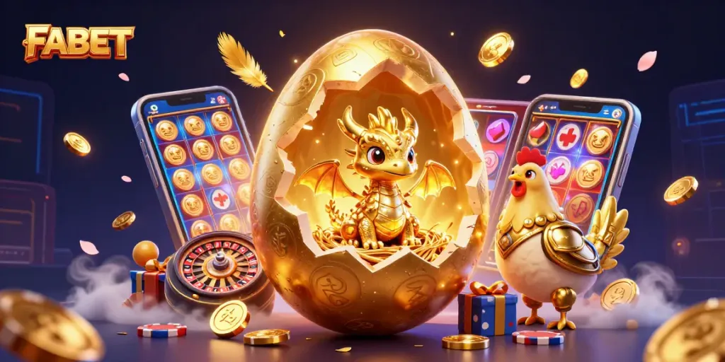 Join FABET for thrilling adventures as a dragon guards a nest of poker chips amidst a whimsical casino scene.
