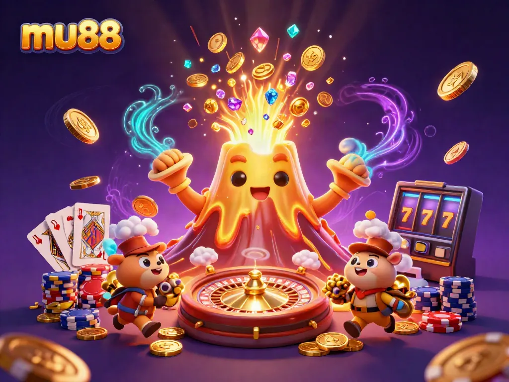Experience the thrill of mu88 with vibrant treasures and gambling excitement in an animated casino scene.
