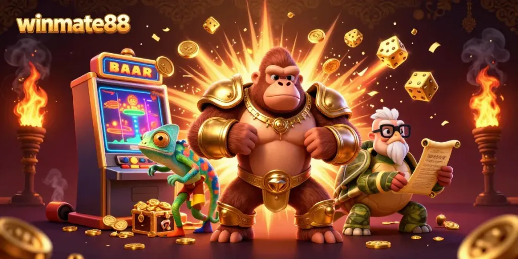 Experience the excitement of winmate88 Casino with vibrant characters and jackpot chaos in a dynamic 3D illustration.