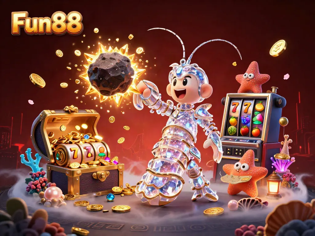 Fun88 gamers enjoy vibrant slots and treasure drops in an exciting 3D casino scene.