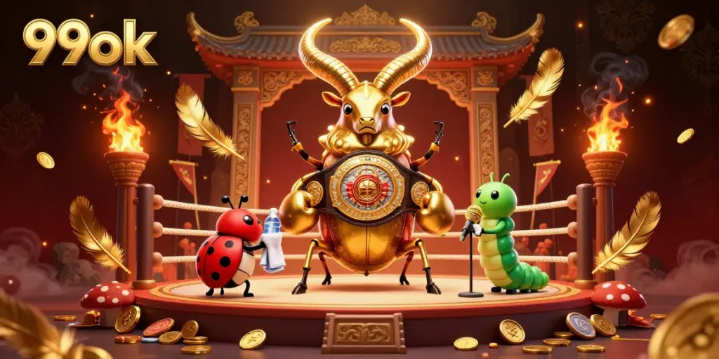 Experience the excitement of 99ok with a giant golden stag beetle champion in a lively casino scene.