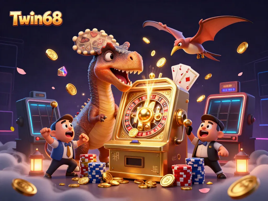 Experience thrilling action at Twin68 as cartoon dinosaurs engage with a golden slot machine, winning coins.