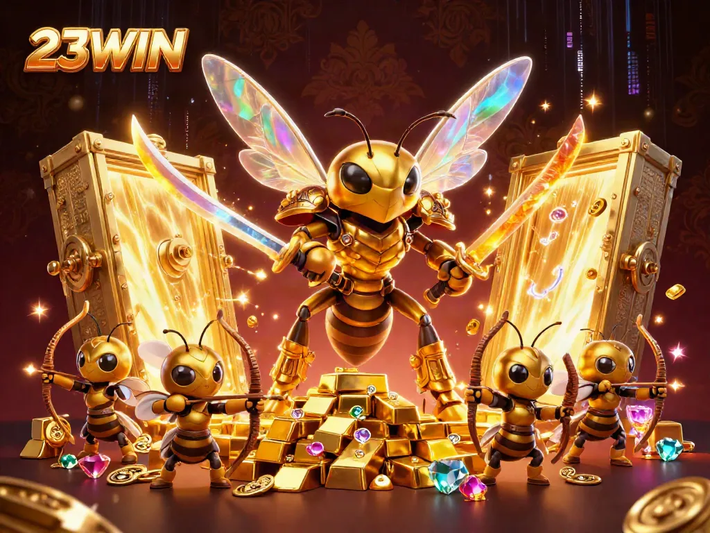 23WIN showcases an exciting 3D casino scene with a golden samurai hornet and treasure elements.
