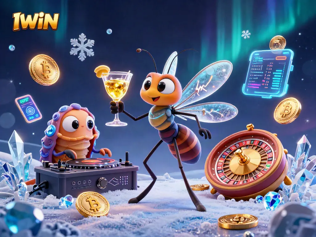 IWIN casino scene with an animated mosquito mascot and trilobite DJ, featuring crypto coins and roulette elements.