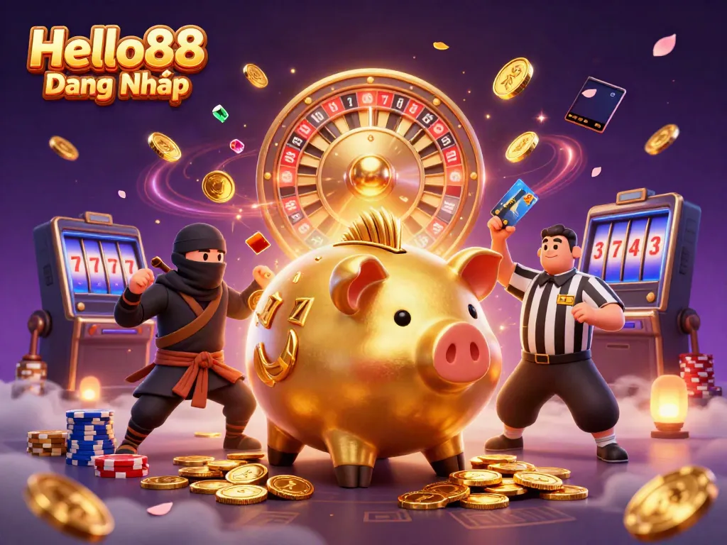 Experience the excitement of Hello88 Đăng Nhập with a dynamic casino scene featuring a sumo wrestler and colorful gaming elements.