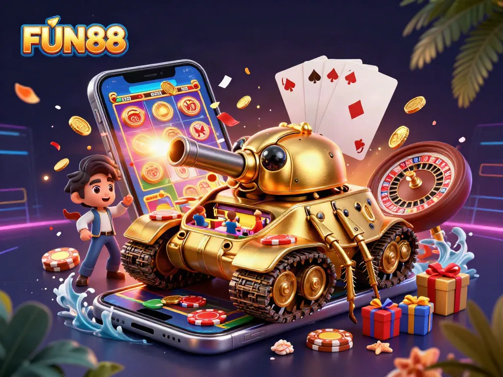 Experience fun-packed gaming at FUN88 with a 3D golden beetle tank revealing a miniature casino.