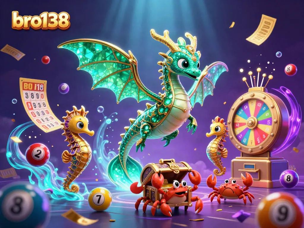 Spin the reels with bro138's vibrant gambling adventure featuring dynamic lottery elements and sea-themed characters.