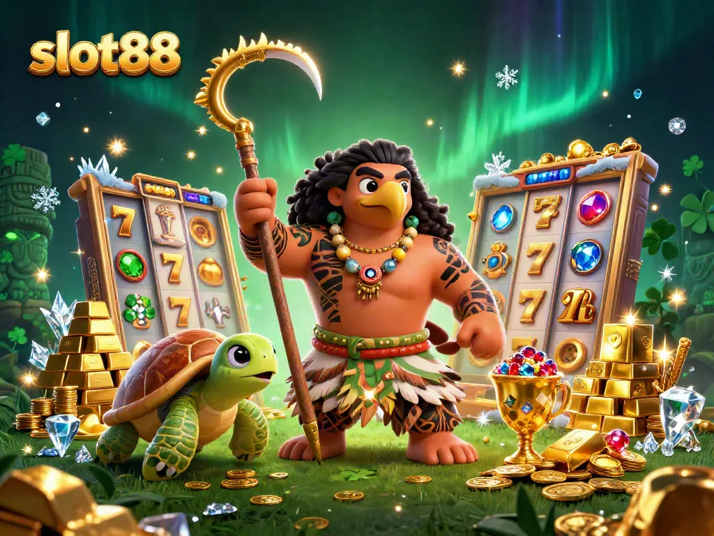 Spin slot reels with vibrant symbols in a dynamic scene showcasing slot88 and winning opportunities.