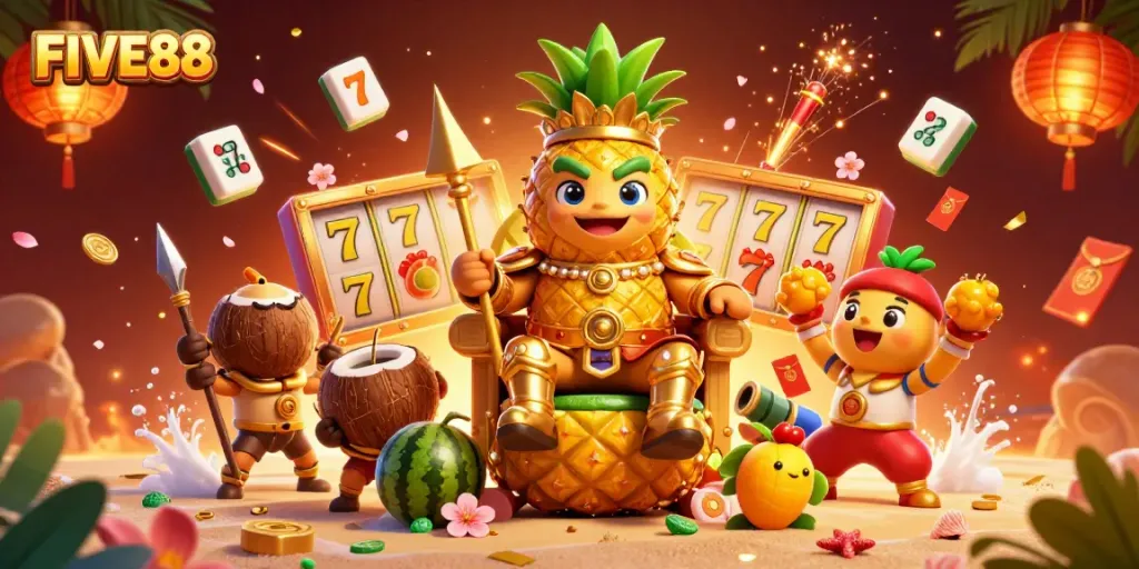 Experience the thrill of gaming at FIVE88 with vibrant illustrations showcasing slot reels and a playful casino scene.