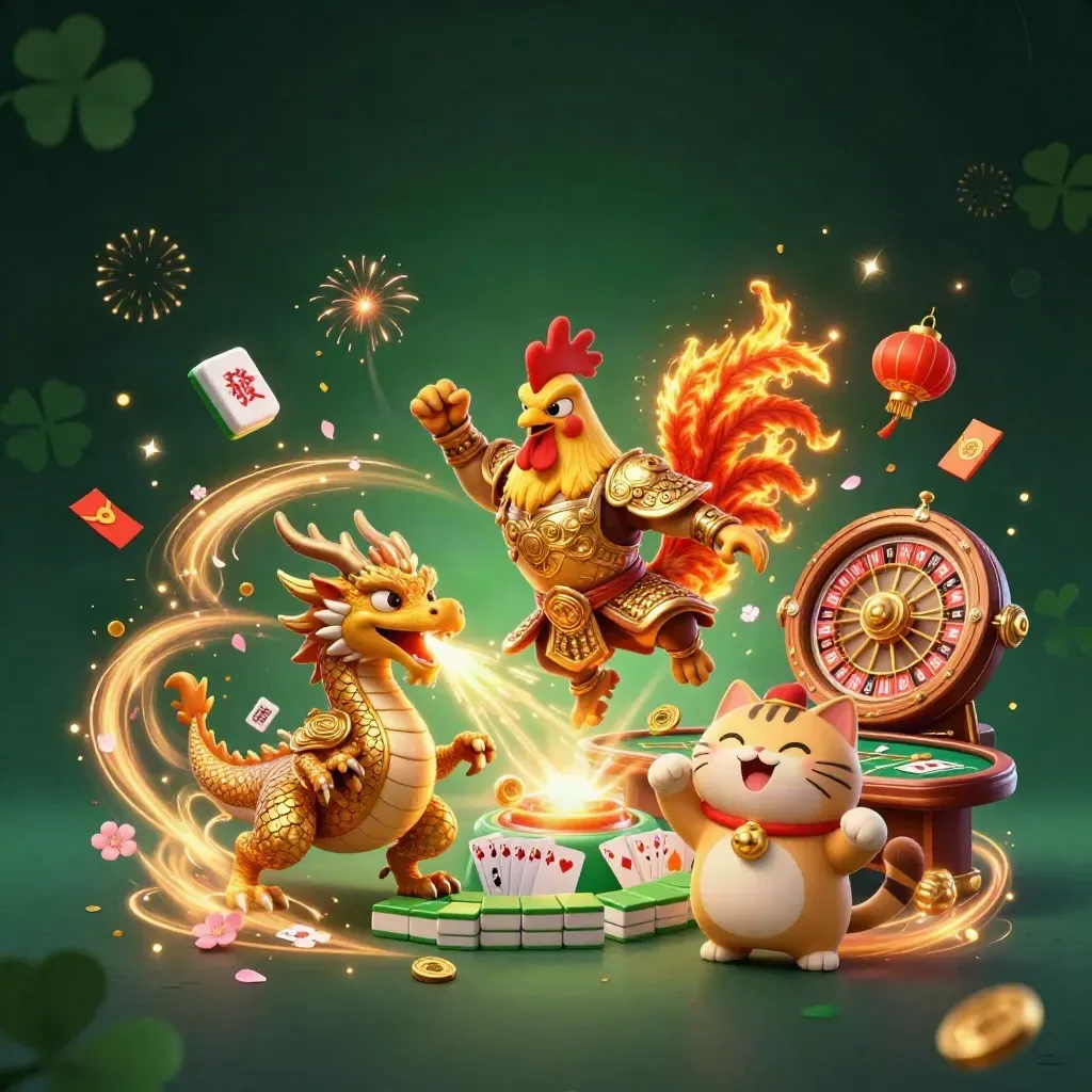 Rooster warrior, dragon hatchling and fortune cat amid casino magic in emerald-gold glow.
