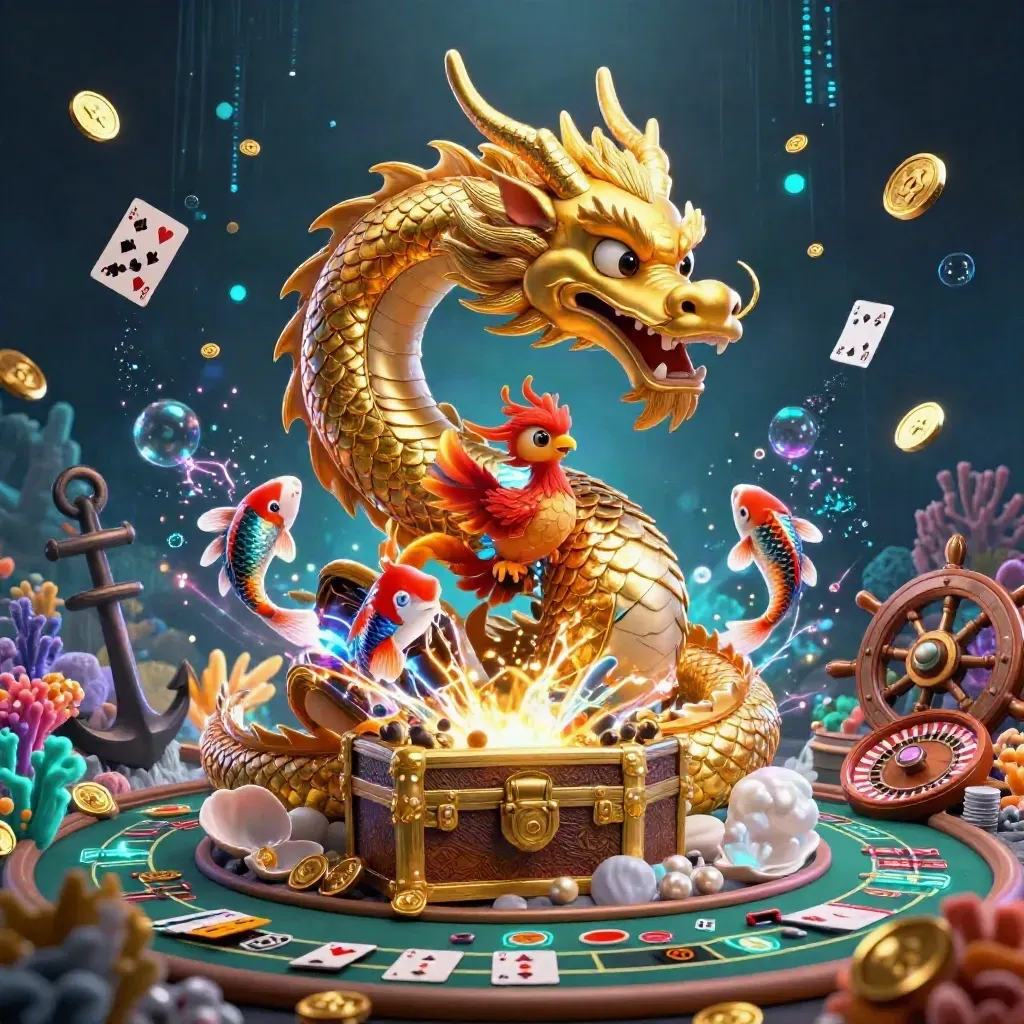 Golden dragon with phoenix and koi amid treasure, coral, cards, and casino glow on a dark luxe backdrop.