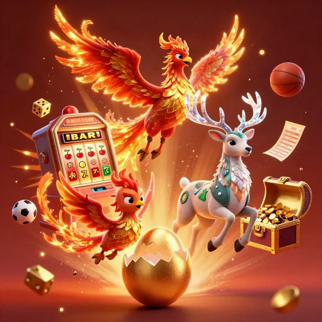 Phoenix, stag and jackpot slot machine burst in a luxe casino fantasy scene.