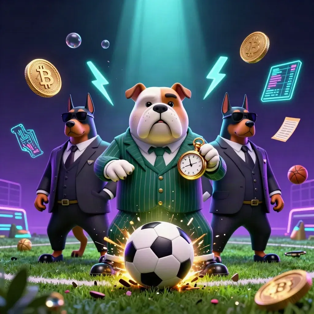 Low-angle bulldog and Dobermans with a mid-flight soccer ball, coins and neon casino effects