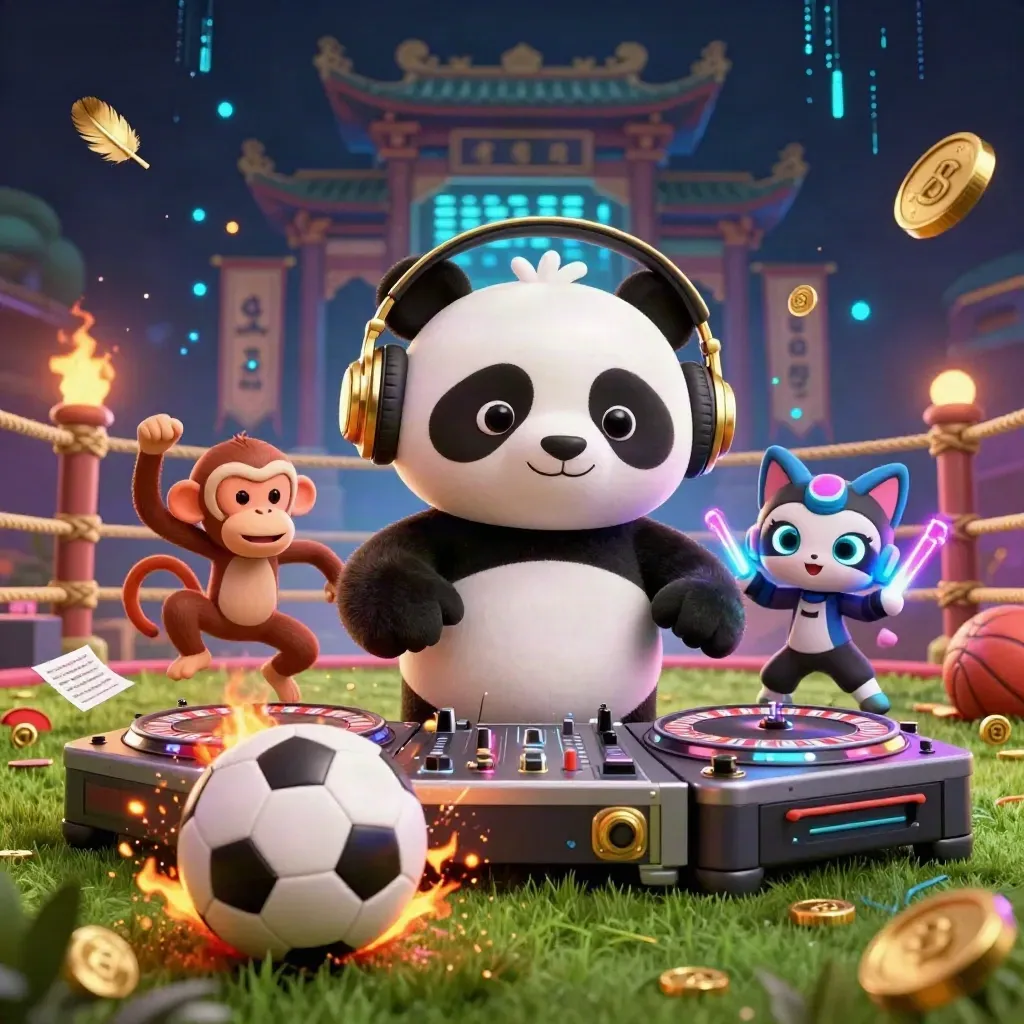 Rave panda, monkey and kitten amid flying sports gear, coins and neon casino light.
