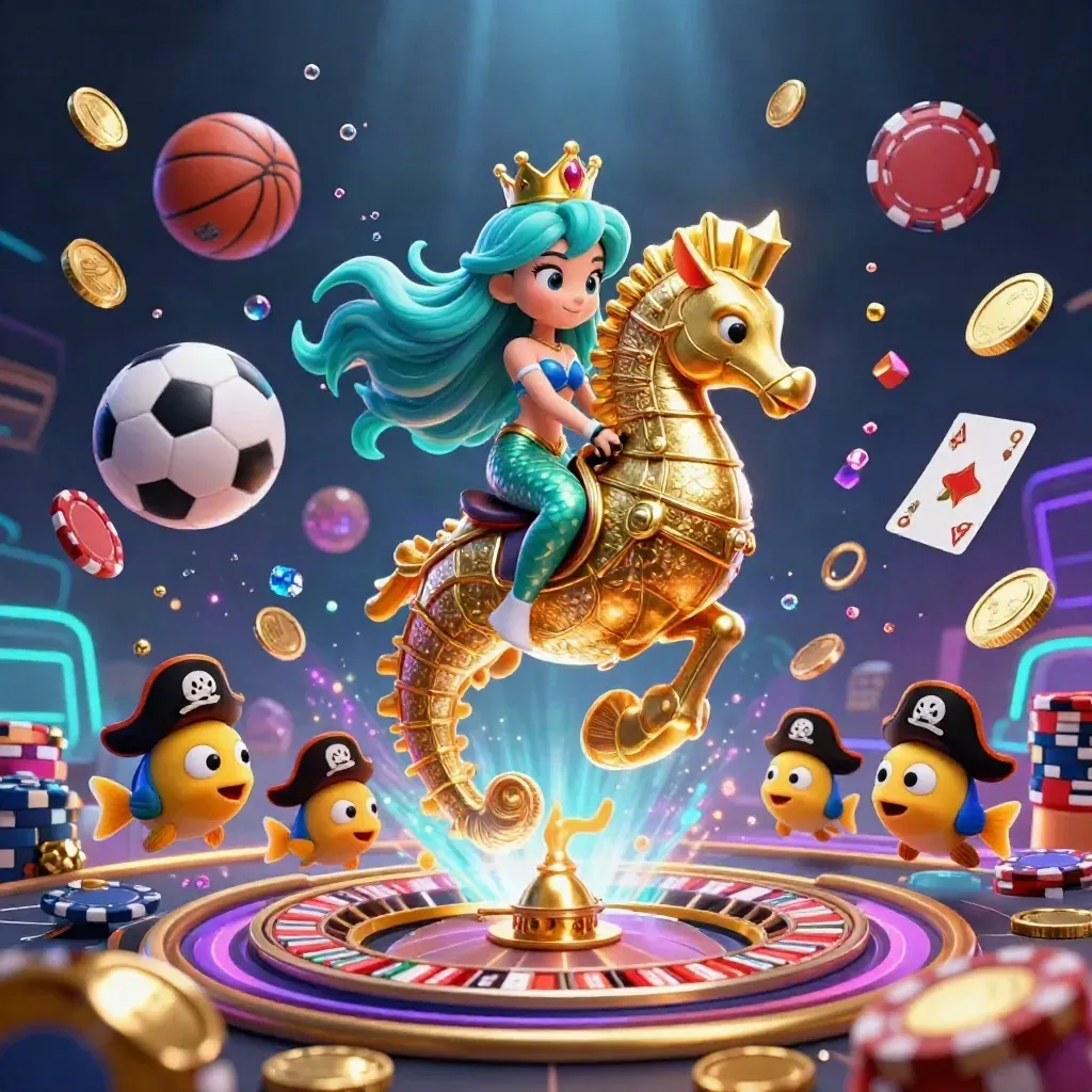 Mermaid princess on a golden seahorse amid casino chips, coins, cards, fish, and glowing neon underwater light.