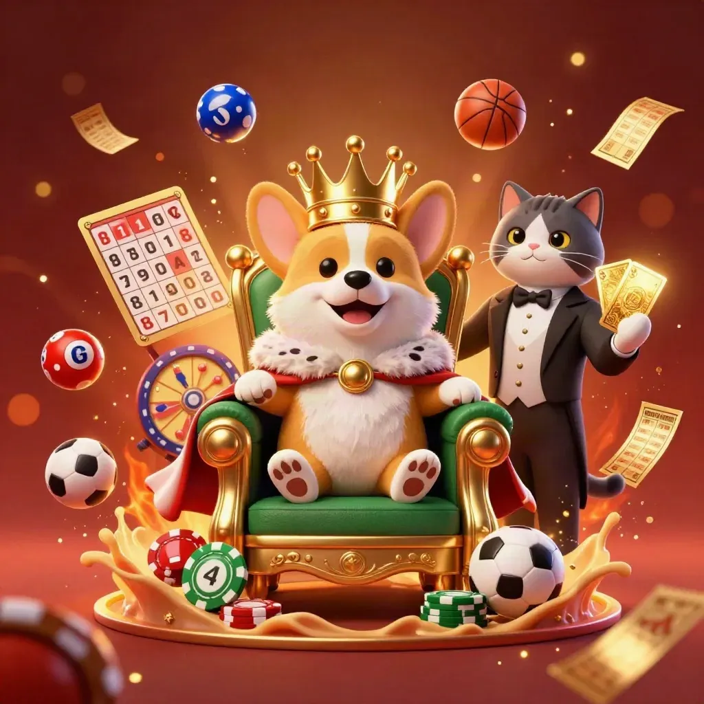 Royal corgi and cat butler amid casino balls, chips, prize wheel and ember glow.