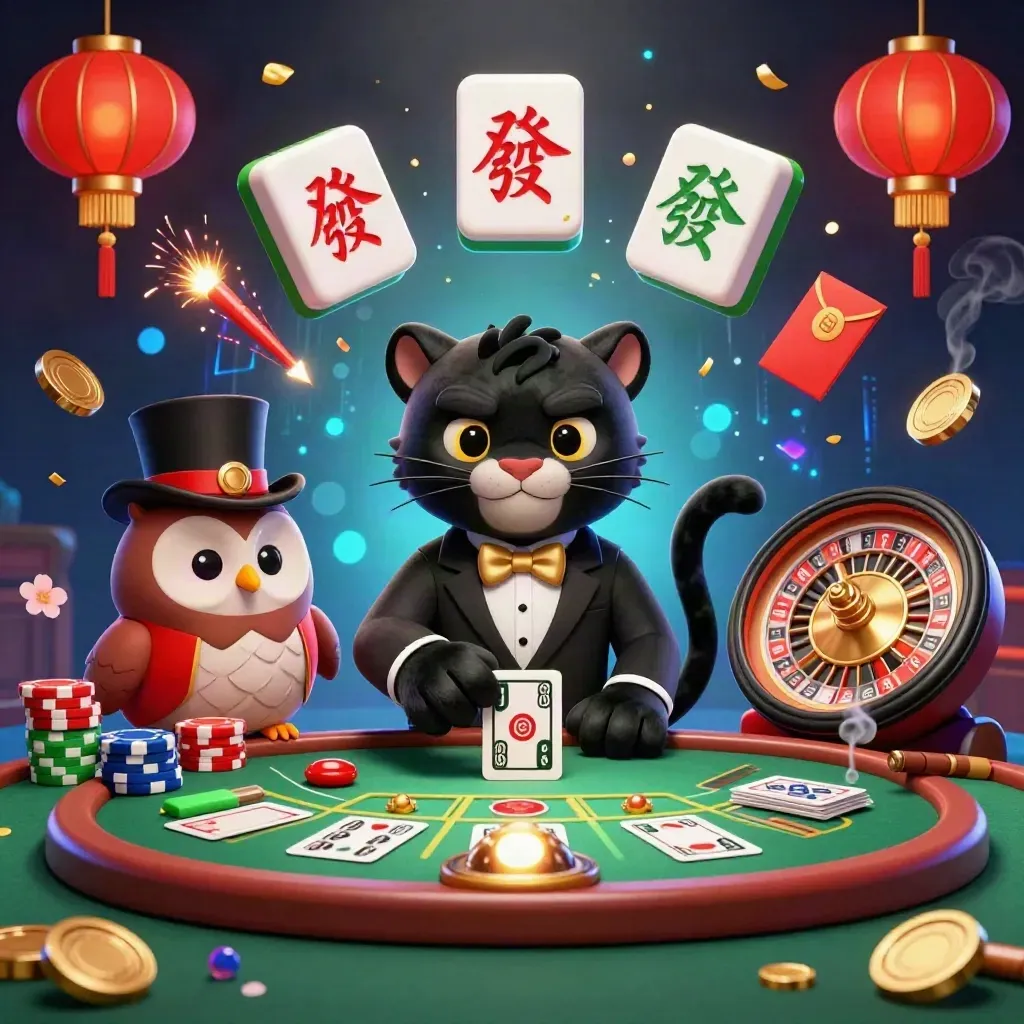 Black panther, owl, and mouse in a luxe casino scene with glowing cards, lanterns, coins, and neon effects.