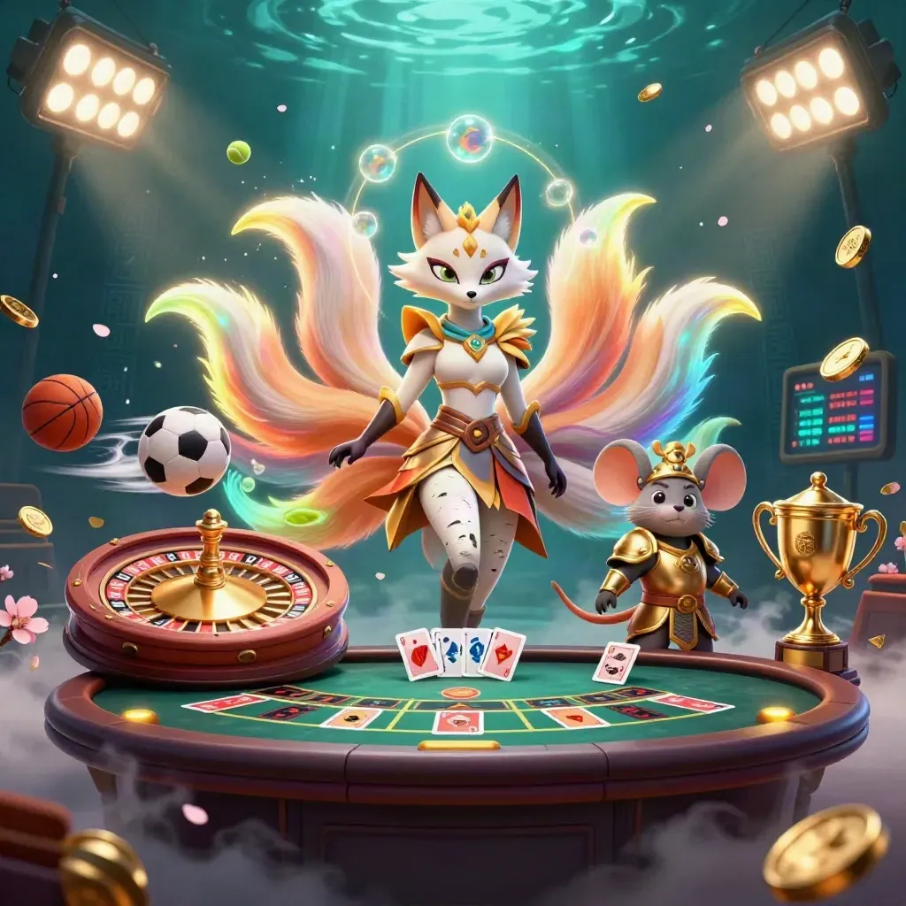 Fox spirit and samurai mouse in a luxe casino scene with balls, coins, and glowing lights.