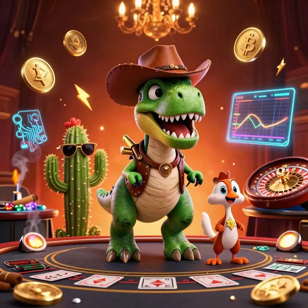 Cowboy T-Rex, cactus sidekick, and sheriff roadrunner in a luxe casino scene with glowing coins and lights.