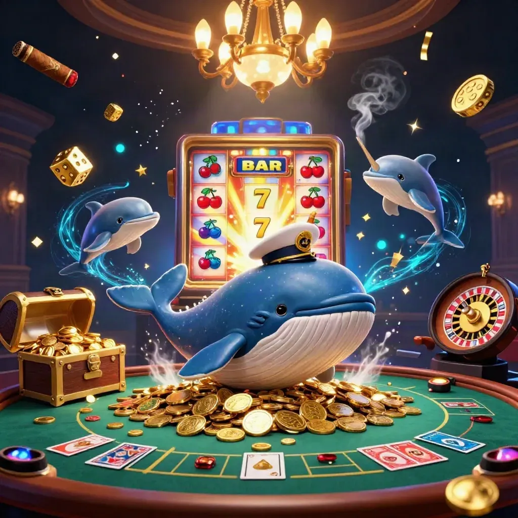 Whale captain, narwhal and dolphins amid jackpots, gold, confetti and casino glow.