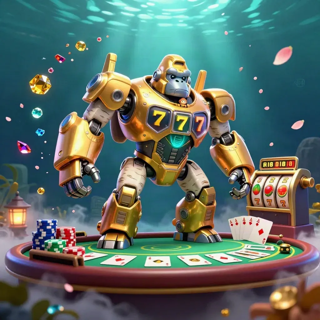 Golden gorilla mech with monkey pilot amid poker chips, cards, neon treasure and underwater glow.