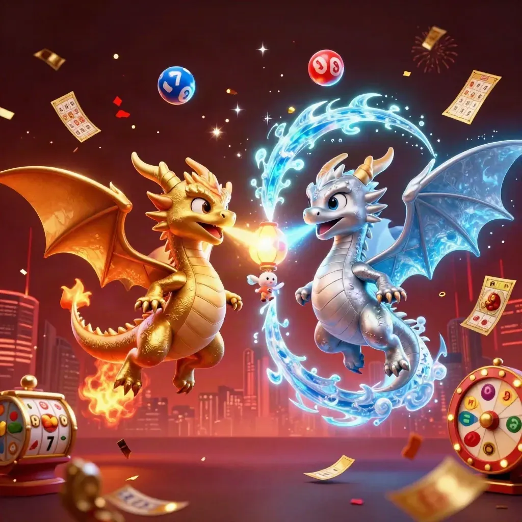 Twin gold and silver dragons spiral in a neon casino burst with treasure, confetti, and fireworks.