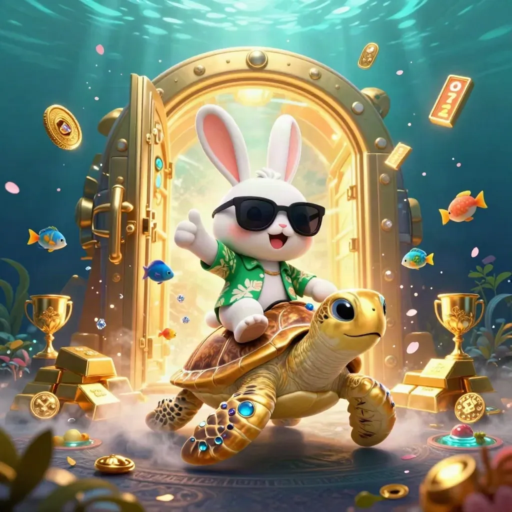 Lucky rabbit rides a jeweled sea turtle as a vault bursts gold in an underwater casino glow.