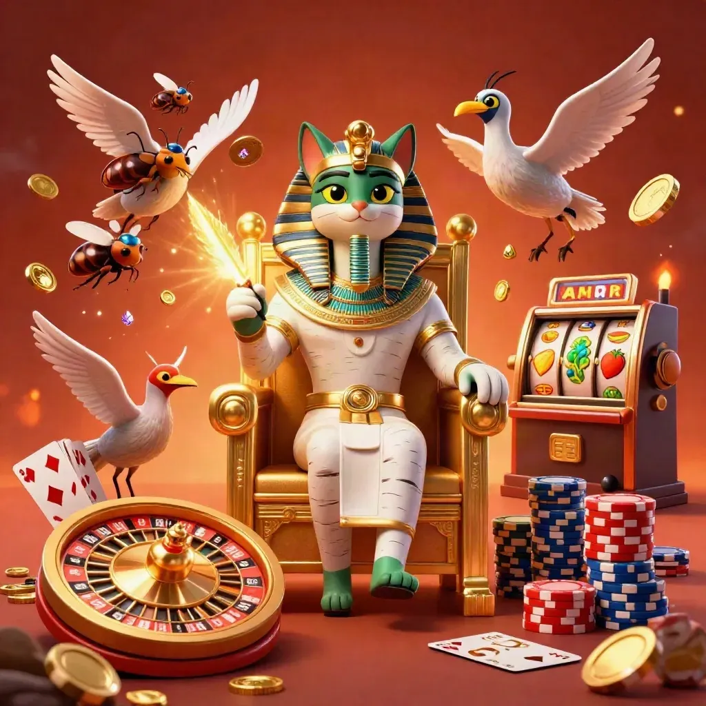 Pharaoh cat and ibis scribe amid gem-winged scarabs, coins, roulette, cards and casino chips.
