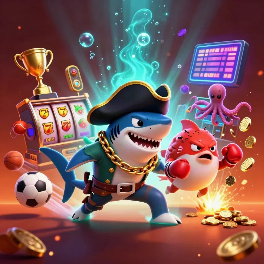 Pirate shark, boxing pufferfish, and juggling octopus amid coins, sports balls, and neon casino glow.