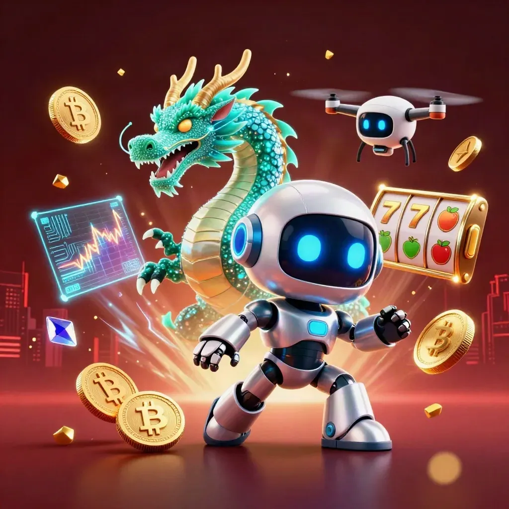 Cyberpunk robot, AI dragon, and coin drone erupting with crypto treasures in a neon casino scene.