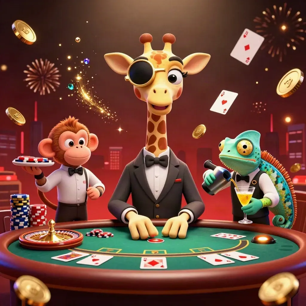 VIP giraffe, monkey valet, and chameleon bartender amid coins, cards, chips, and casino glow.