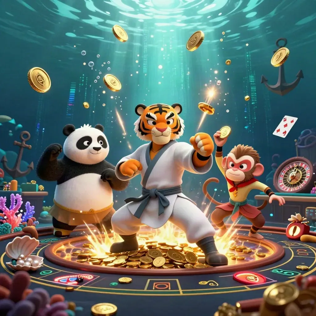 Tiger, panda and monkey casino heroes amid treasure, coins, coral, and a spinning roulette wheel underwater.