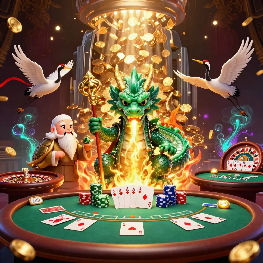 Jade dragon, turtle sage and cranes amid casino cards, coins, fireworks and glowing chips.
