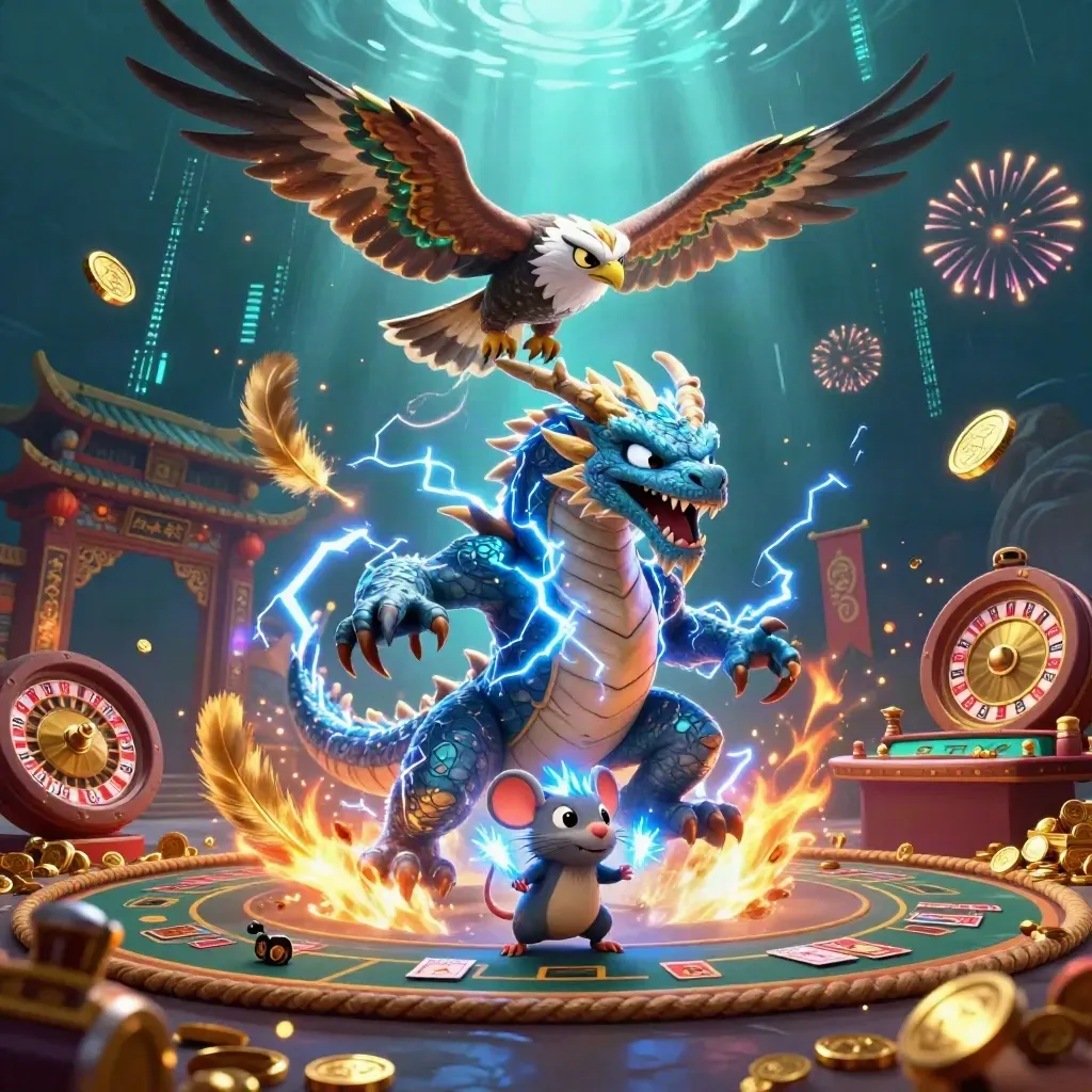 Thunder dragon, wind hawk and crackling mouse amid casino coins, temple gate and neon magic