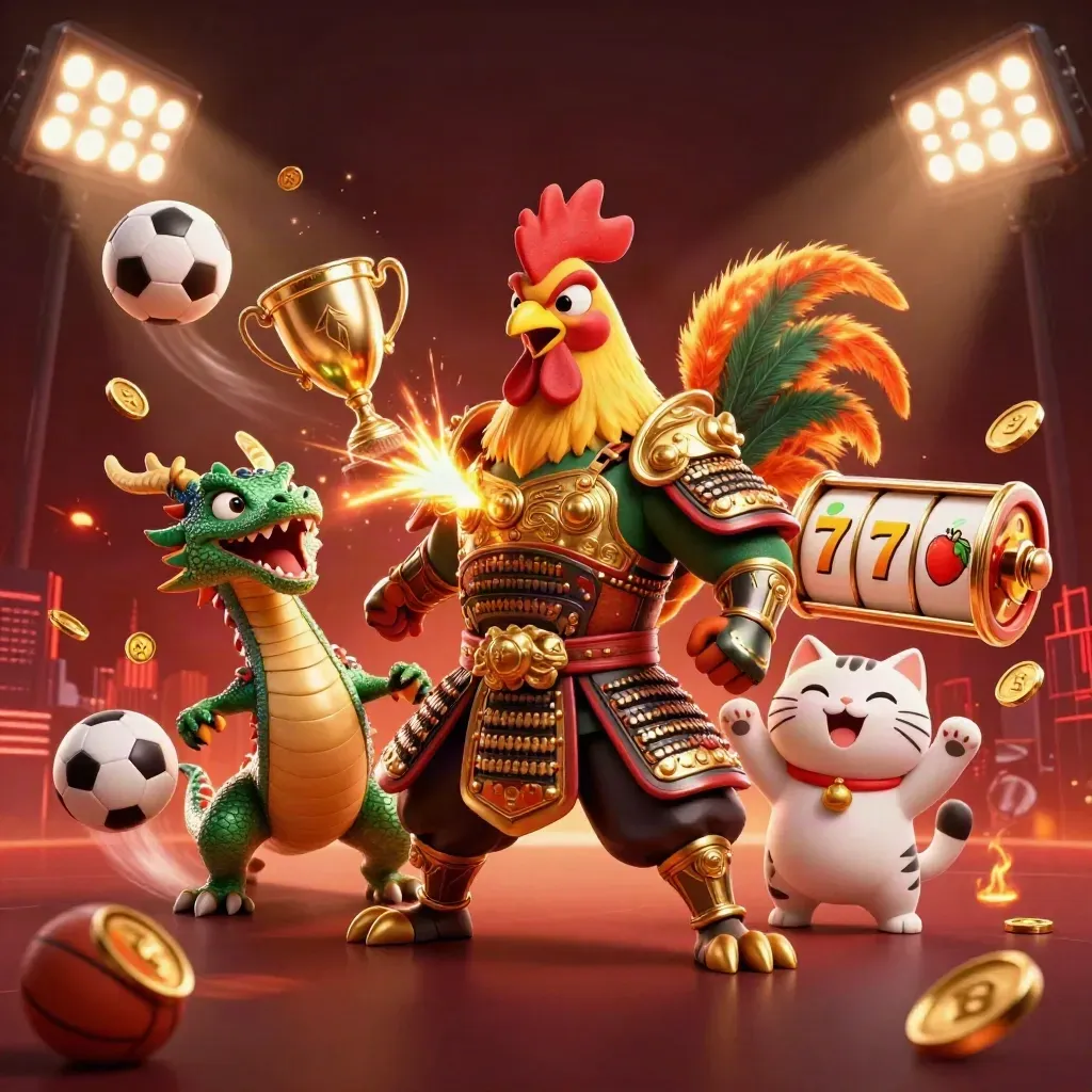 Rooster samurai, dragon hatchling and fortune cat amid casino balls, coins and sparks.