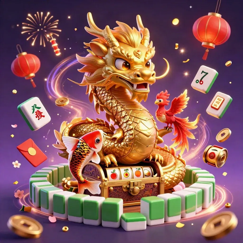 Golden dragon with phoenix and koi amid casino symbols over a treasure chest in luxe forest-green glow.