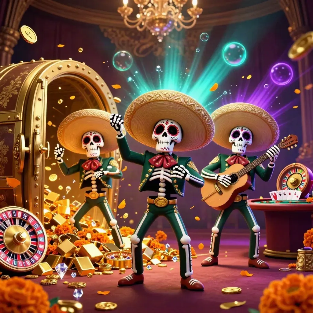Skeleton mariachi trio bursts from a golden vault amid coins, gems, roulette and casino lights.