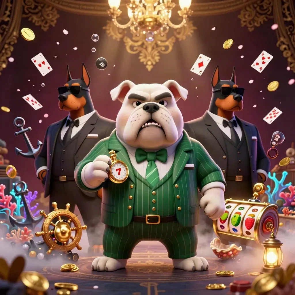 Mafia bulldog with Doberman guards amid treasure cove casino glow and flying slots symbols.