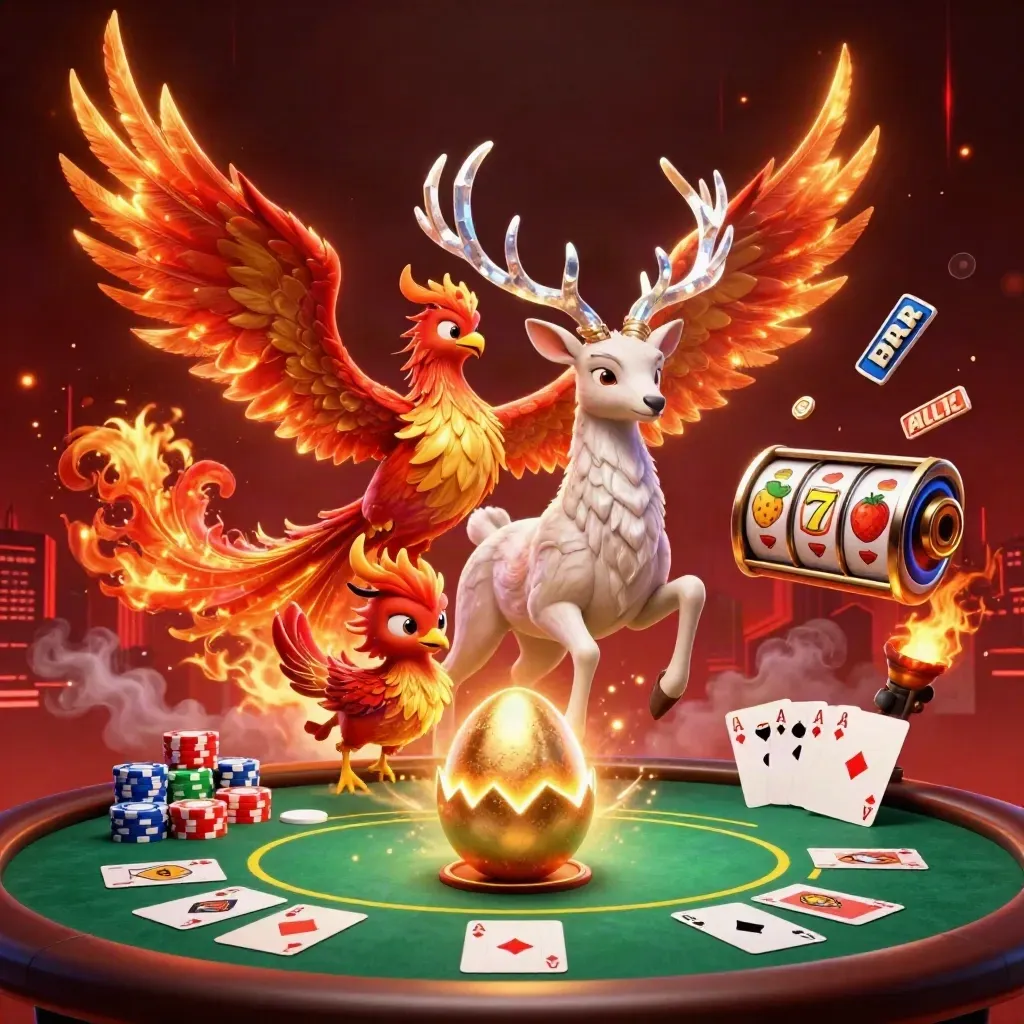 Fire phoenix, baby phoenix, and crystal stag amid casino chips and cards on a dark glowing backdrop.