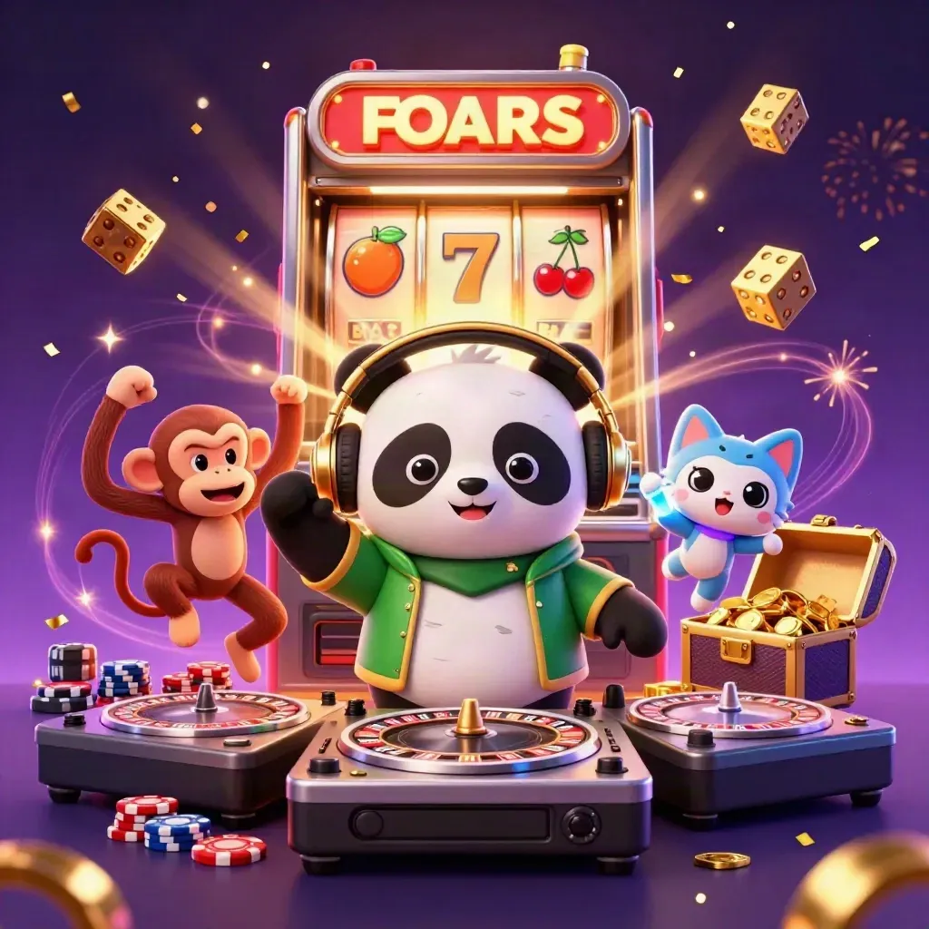 DJ panda trio, roulette turntables, slot burst, golden dice, purple-black casino glow.